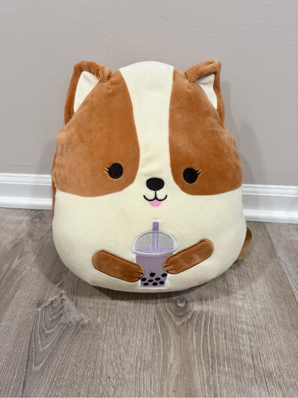 Squishmallows Dog Boba Tea Plush Backpack Brown Kawaii Kids Character Bag 12”